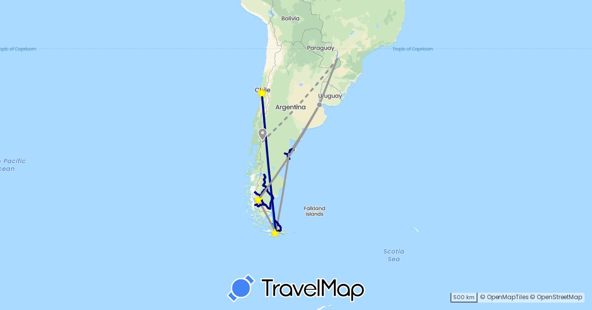 TravelMap itinerary: driving, plane, boat in Argentina, Brazil, Chile (South America)